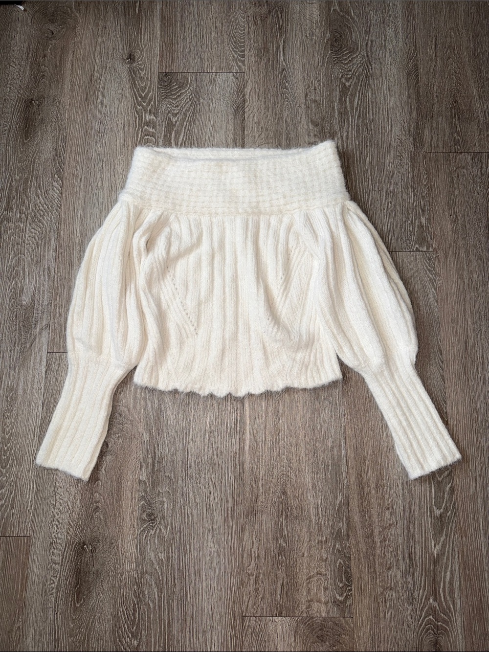 Pilcro Cream Off-the-Shoulder Ribbed Puff-Sleeve Sweater wool blend anthro